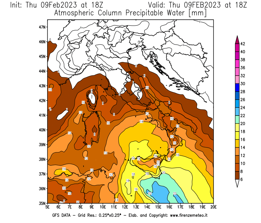 Mappa di analisi GFS - Precipitable Water [mm] in Italia
							del 09/02/2023 18 <!--googleoff: index-->UTC<!--googleon: index-->