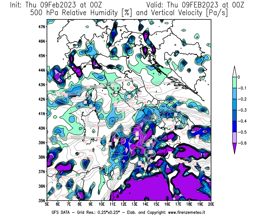 Mappa di analisi GFS - Umidità relativa [%] e Omega [Pa/s] a 500 hPa in Italia
							del 09/02/2023 00 <!--googleoff: index-->UTC<!--googleon: index-->