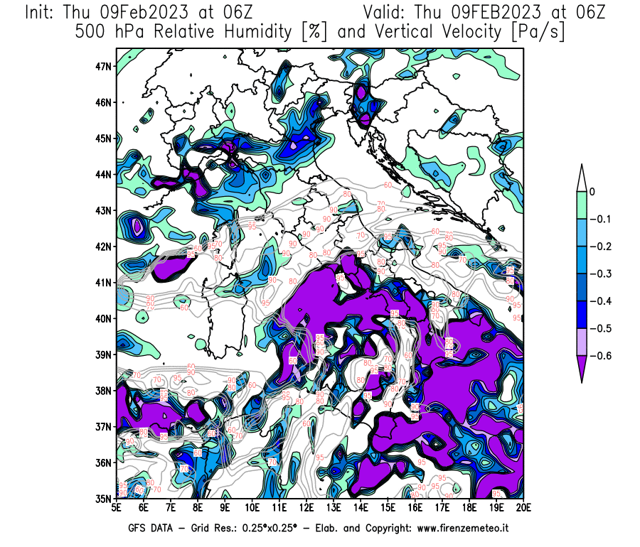 Mappa di analisi GFS - Umidità relativa [%] e Omega [Pa/s] a 500 hPa in Italia
							del 09/02/2023 06 <!--googleoff: index-->UTC<!--googleon: index-->