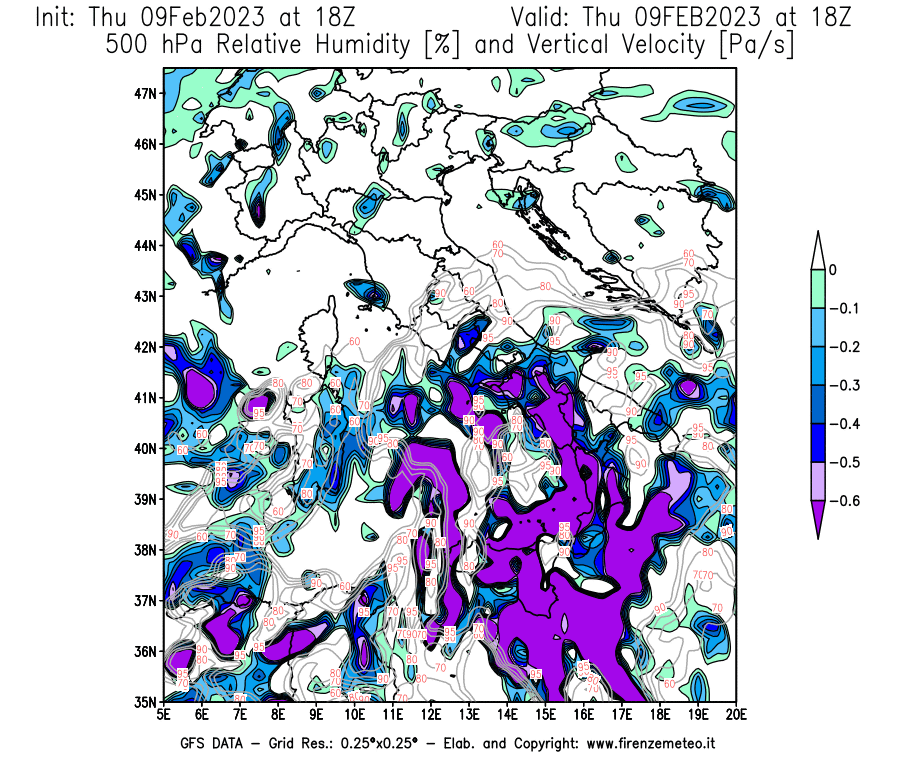 Mappa di analisi GFS - Umidità relativa [%] e Omega [Pa/s] a 500 hPa in Italia
							del 09/02/2023 18 <!--googleoff: index-->UTC<!--googleon: index-->