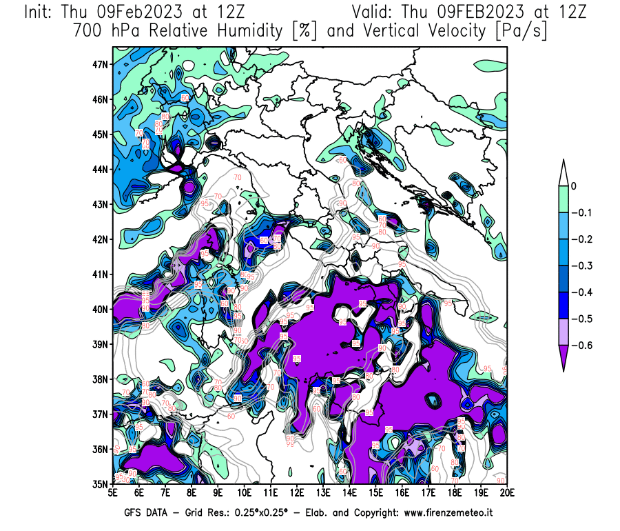 Mappa di analisi GFS - Umidità relativa [%] e Omega [Pa/s] a 700 hPa in Italia
							del 09/02/2023 12 <!--googleoff: index-->UTC<!--googleon: index-->