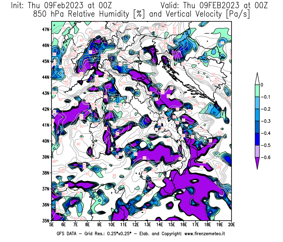 Mappa di analisi GFS - Umidità relativa [%] e Omega [Pa/s] a 850 hPa in Italia
							del 09/02/2023 00 <!--googleoff: index-->UTC<!--googleon: index-->