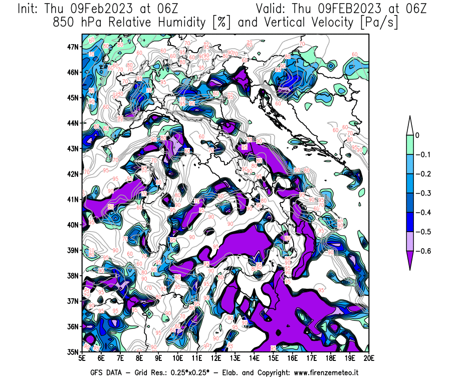 Mappa di analisi GFS - Umidità relativa [%] e Omega [Pa/s] a 850 hPa in Italia
							del 09/02/2023 06 <!--googleoff: index-->UTC<!--googleon: index-->