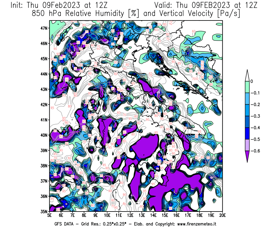 Mappa di analisi GFS - Umidità relativa [%] e Omega [Pa/s] a 850 hPa in Italia
							del 09/02/2023 12 <!--googleoff: index-->UTC<!--googleon: index-->