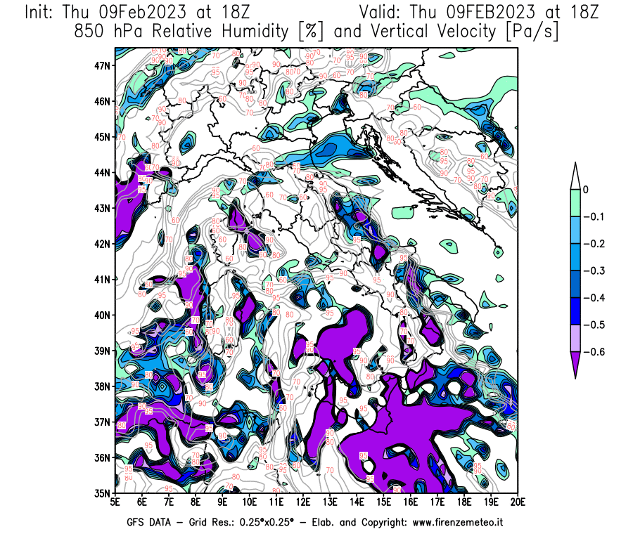 Mappa di analisi GFS - Umidità relativa [%] e Omega [Pa/s] a 850 hPa in Italia
							del 09/02/2023 18 <!--googleoff: index-->UTC<!--googleon: index-->