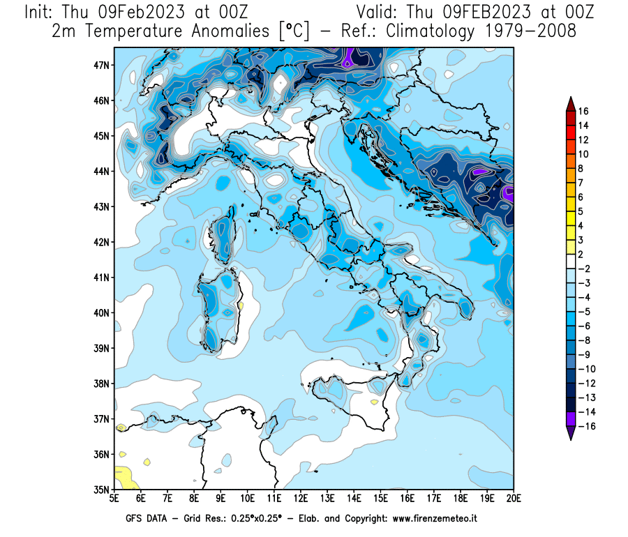 Mappa di analisi GFS - Anomalia Temperatura [°C] a 2 m in Italia
							del 09/02/2023 00 <!--googleoff: index-->UTC<!--googleon: index-->