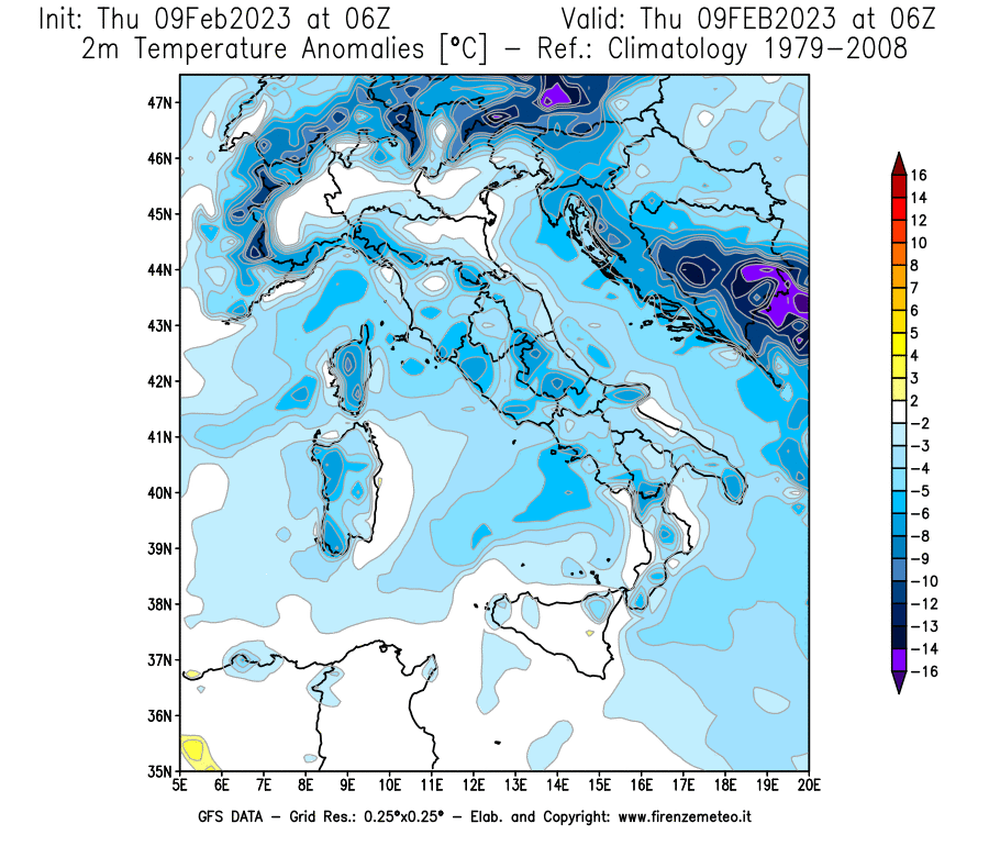 Mappa di analisi GFS - Anomalia Temperatura [°C] a 2 m in Italia
							del 09/02/2023 06 <!--googleoff: index-->UTC<!--googleon: index-->
