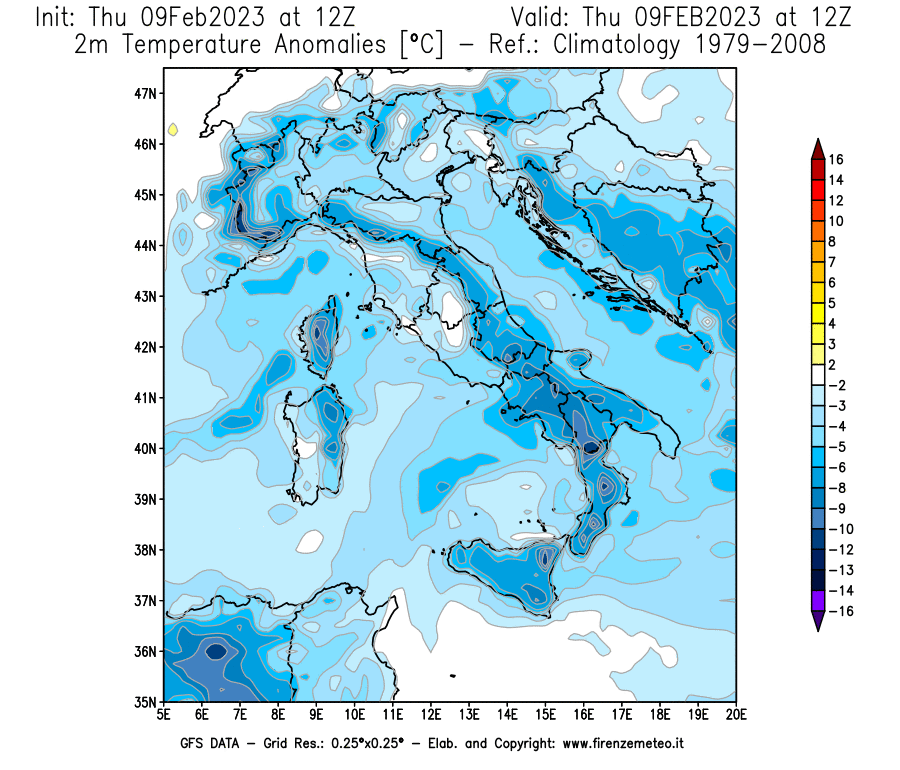 Mappa di analisi GFS - Anomalia Temperatura [°C] a 2 m in Italia
							del 09/02/2023 12 <!--googleoff: index-->UTC<!--googleon: index-->
