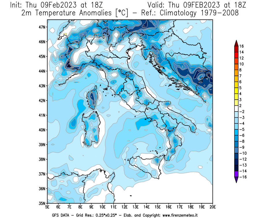 Mappa di analisi GFS - Anomalia Temperatura [°C] a 2 m in Italia
							del 09/02/2023 18 <!--googleoff: index-->UTC<!--googleon: index-->