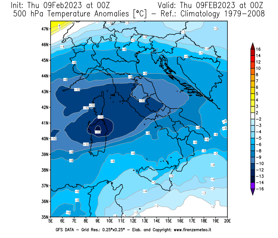 Mappa di analisi GFS - Anomalia Temperatura [°C] a 500 hPa in Italia
							del 09/02/2023 00 <!--googleoff: index-->UTC<!--googleon: index-->