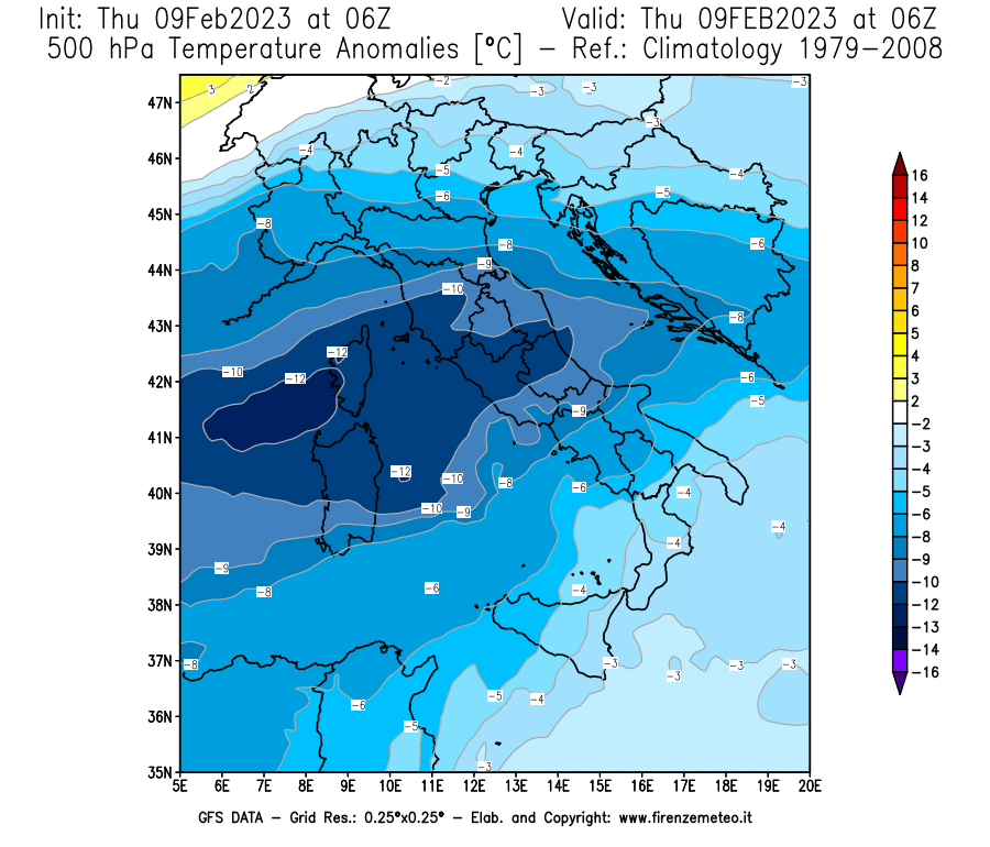 Mappa di analisi GFS - Anomalia Temperatura [°C] a 500 hPa in Italia
							del 09/02/2023 06 <!--googleoff: index-->UTC<!--googleon: index-->