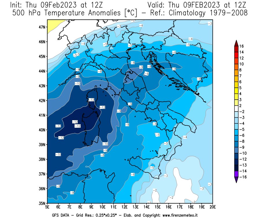 Mappa di analisi GFS - Anomalia Temperatura [°C] a 500 hPa in Italia
							del 09/02/2023 12 <!--googleoff: index-->UTC<!--googleon: index-->