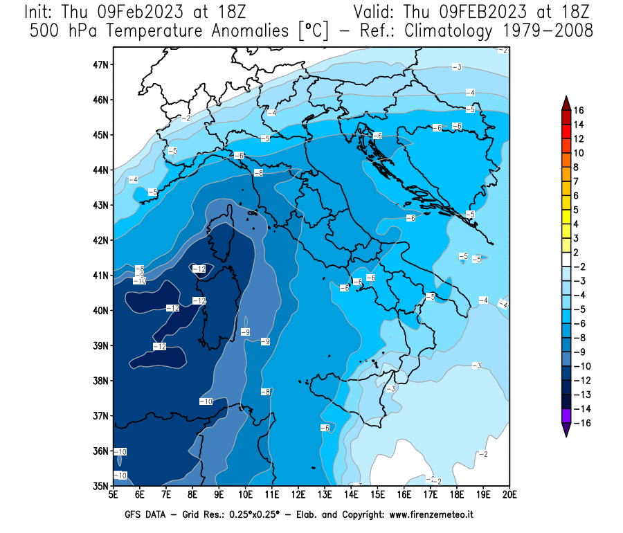 Mappa di analisi GFS - Anomalia Temperatura [°C] a 500 hPa in Italia
							del 09/02/2023 18 <!--googleoff: index-->UTC<!--googleon: index-->