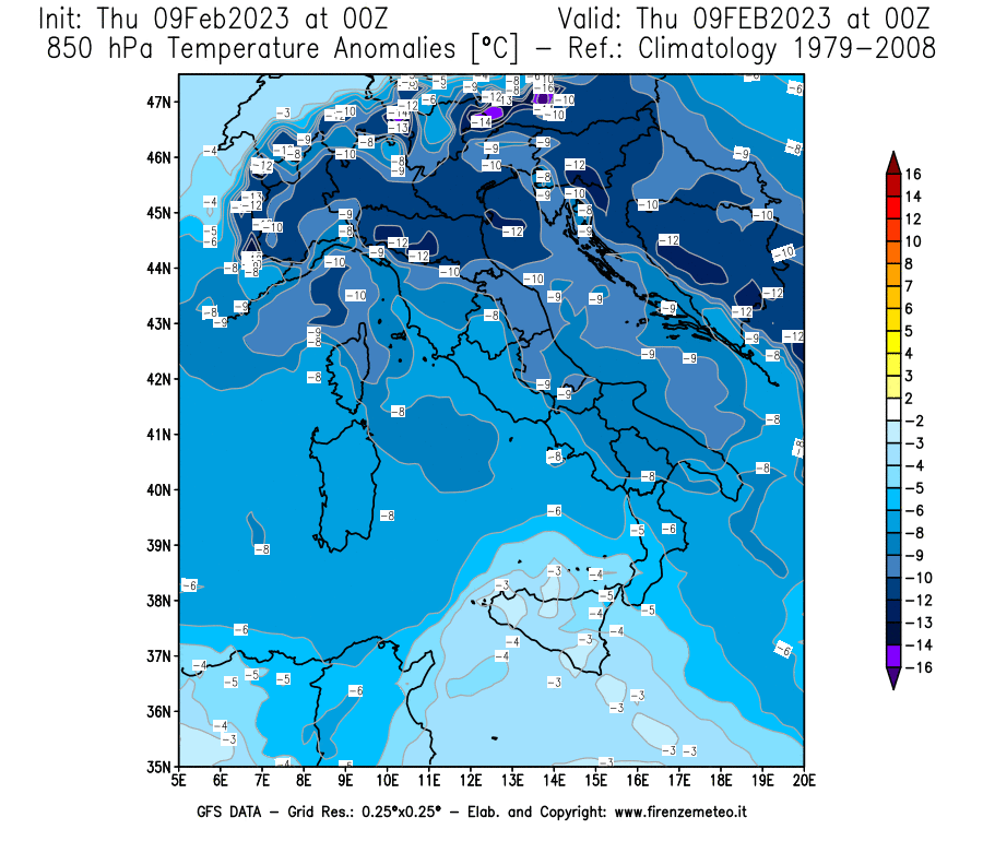 Mappa di analisi GFS - Anomalia Temperatura [°C] a 850 hPa in Italia
							del 09/02/2023 00 <!--googleoff: index-->UTC<!--googleon: index-->