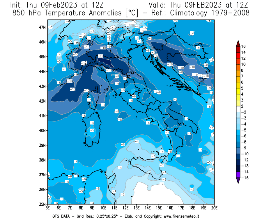 Mappa di analisi GFS - Anomalia Temperatura [°C] a 850 hPa in Italia
							del 09/02/2023 12 <!--googleoff: index-->UTC<!--googleon: index-->