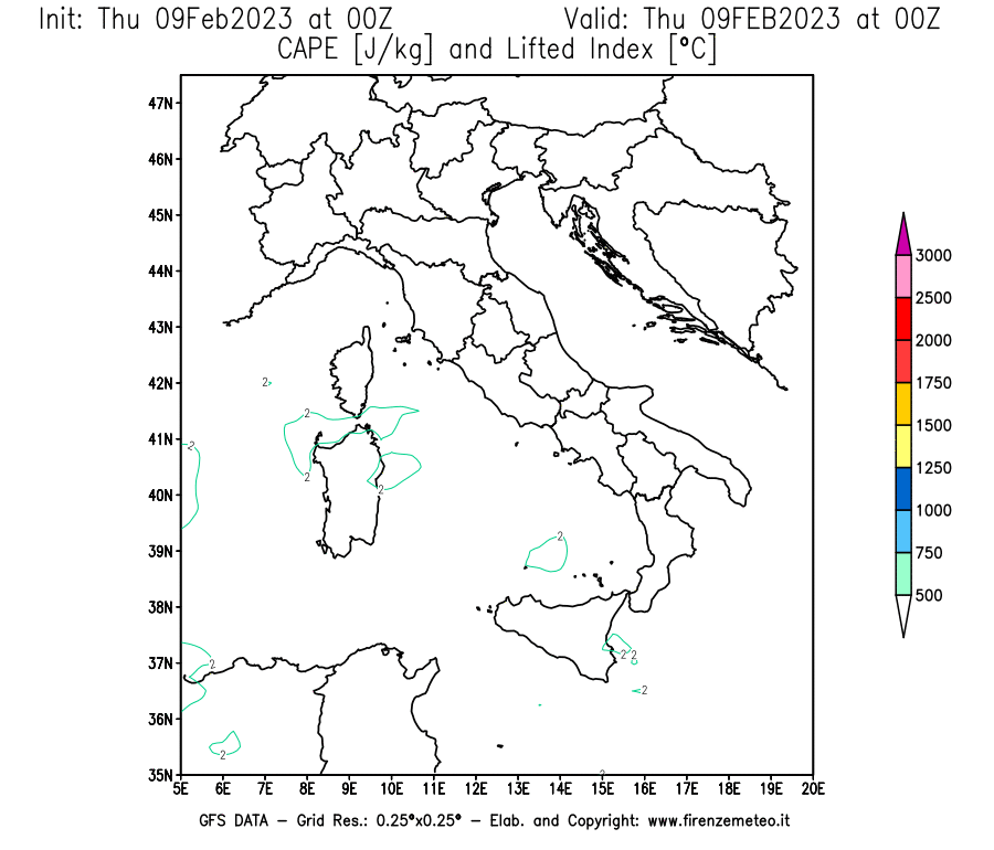 Mappa di analisi GFS - CAPE [J/kg] e Lifted Index [°C] in Italia
							del 09/02/2023 00 <!--googleoff: index-->UTC<!--googleon: index-->