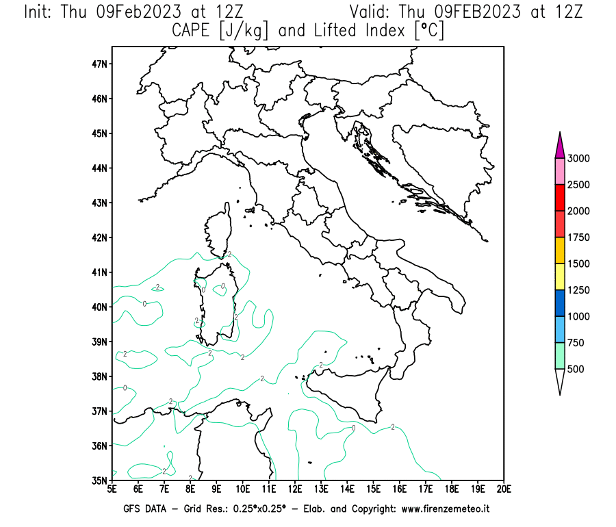 Mappa di analisi GFS - CAPE [J/kg] e Lifted Index [°C] in Italia
							del 09/02/2023 12 <!--googleoff: index-->UTC<!--googleon: index-->