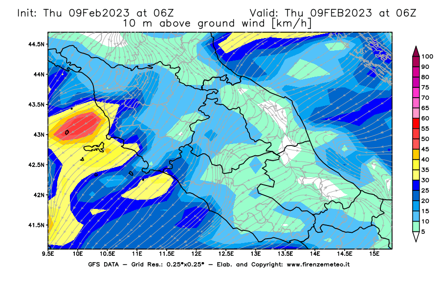 Mappa di analisi GFS - Velocità del vento a 10 metri dal suolo [km/h] in Centro-Italia
							del 09/02/2023 06 <!--googleoff: index-->UTC<!--googleon: index-->