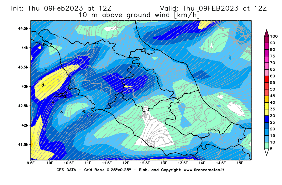 Mappa di analisi GFS - Velocità del vento a 10 metri dal suolo [km/h] in Centro-Italia
							del 09/02/2023 12 <!--googleoff: index-->UTC<!--googleon: index-->