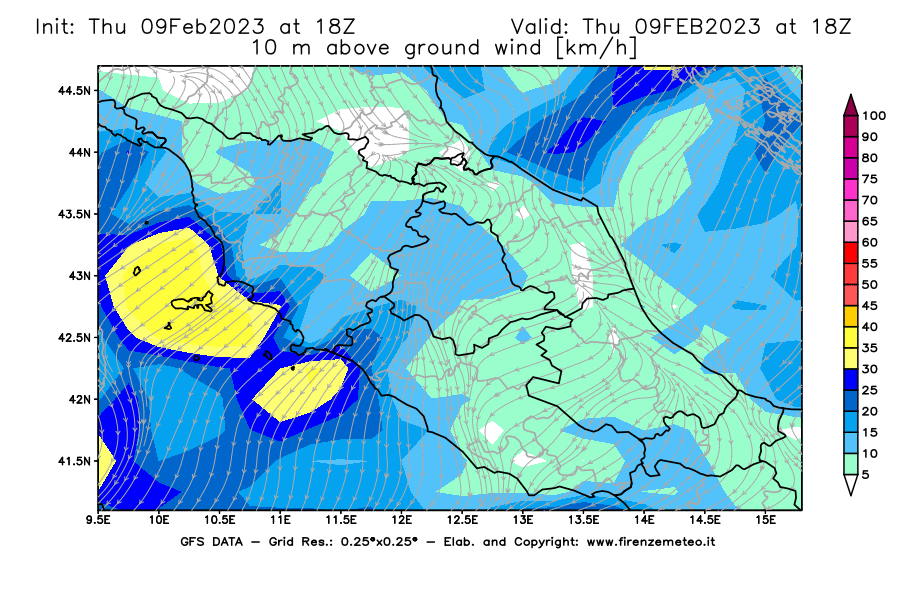 Mappa di analisi GFS - Velocità del vento a 10 metri dal suolo [km/h] in Centro-Italia
							del 09/02/2023 18 <!--googleoff: index-->UTC<!--googleon: index-->
