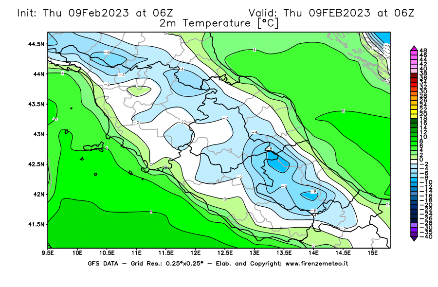 Mappa di analisi GFS - Temperatura a 2 metri dal suolo [°C] in Centro-Italia
							del 09/02/2023 06 <!--googleoff: index-->UTC<!--googleon: index-->