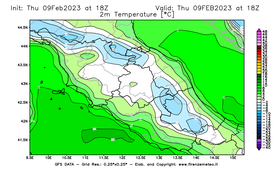Mappa di analisi GFS - Temperatura a 2 metri dal suolo [°C] in Centro-Italia
							del 09/02/2023 18 <!--googleoff: index-->UTC<!--googleon: index-->