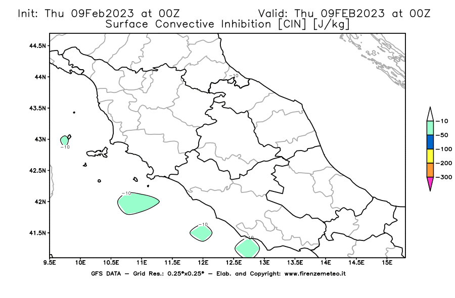 Mappa di analisi GFS - CIN [J/kg] in Centro-Italia
							del 09/02/2023 00 <!--googleoff: index-->UTC<!--googleon: index-->