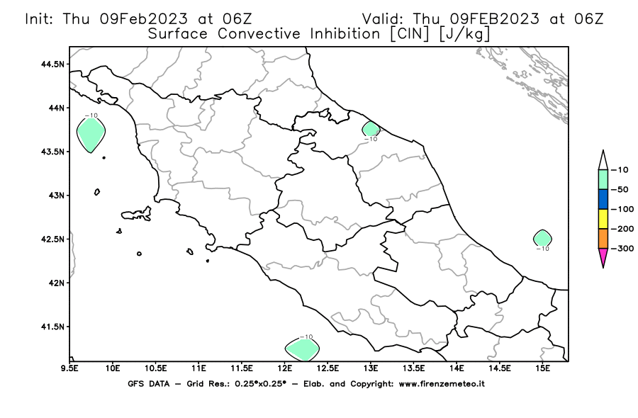 Mappa di analisi GFS - CIN [J/kg] in Centro-Italia
							del 09/02/2023 06 <!--googleoff: index-->UTC<!--googleon: index-->