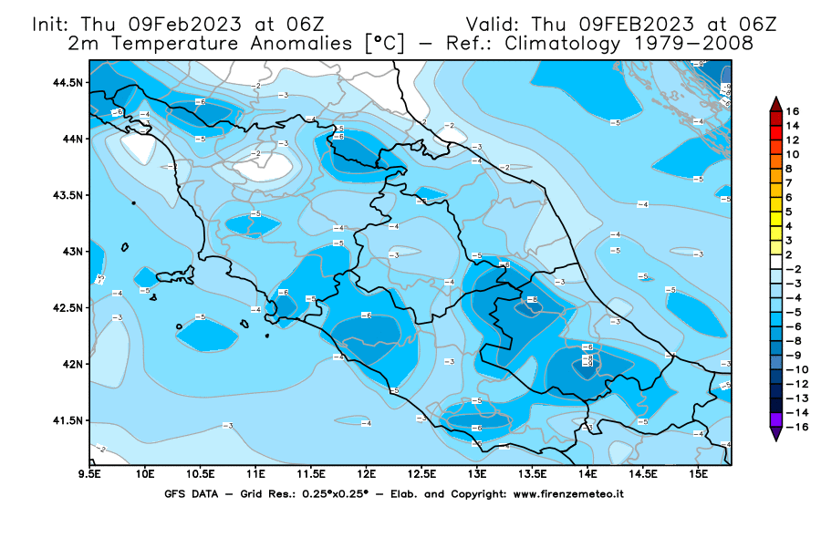 Mappa di analisi GFS - Anomalia Temperatura [°C] a 2 m in Centro-Italia
							del 09/02/2023 06 <!--googleoff: index-->UTC<!--googleon: index-->