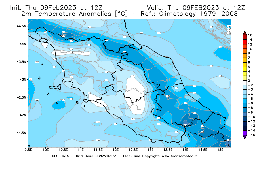 Mappa di analisi GFS - Anomalia Temperatura [°C] a 2 m in Centro-Italia
							del 09/02/2023 12 <!--googleoff: index-->UTC<!--googleon: index-->