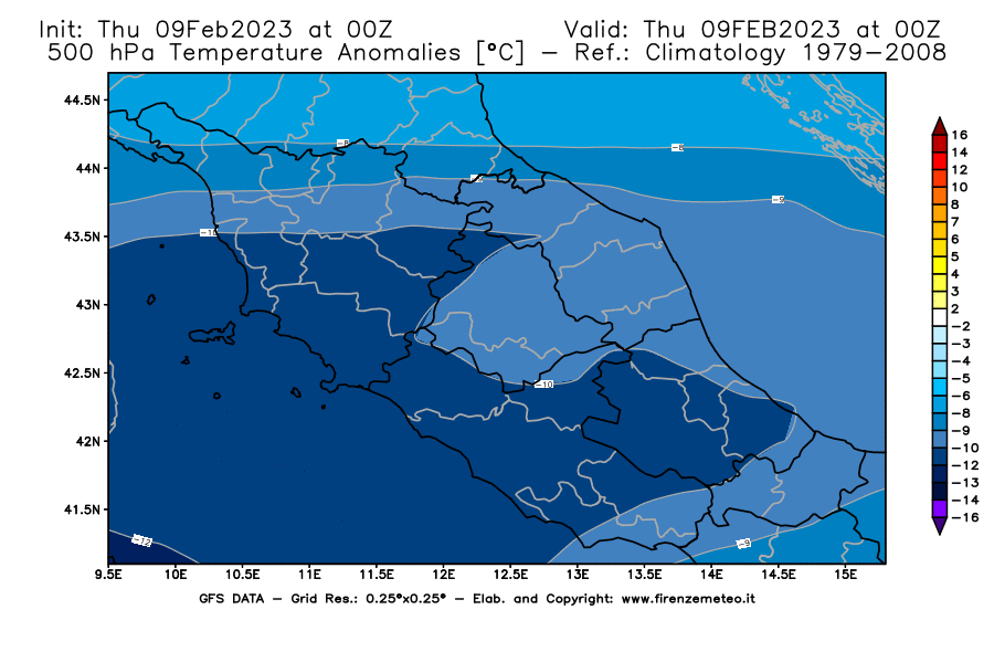 Mappa di analisi GFS - Anomalia Temperatura [°C] a 500 hPa in Centro-Italia
							del 09/02/2023 00 <!--googleoff: index-->UTC<!--googleon: index-->
