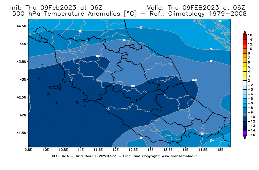 Mappa di analisi GFS - Anomalia Temperatura [°C] a 500 hPa in Centro-Italia
							del 09/02/2023 06 <!--googleoff: index-->UTC<!--googleon: index-->