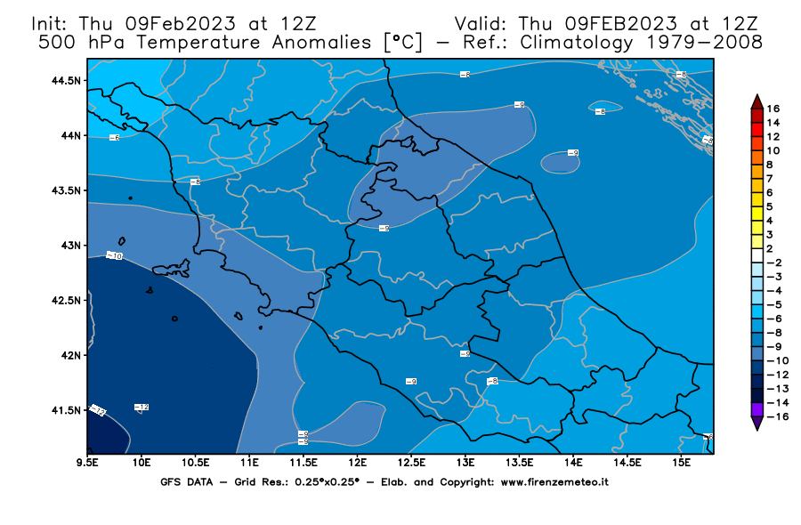 Mappa di analisi GFS - Anomalia Temperatura [°C] a 500 hPa in Centro-Italia
							del 09/02/2023 12 <!--googleoff: index-->UTC<!--googleon: index-->