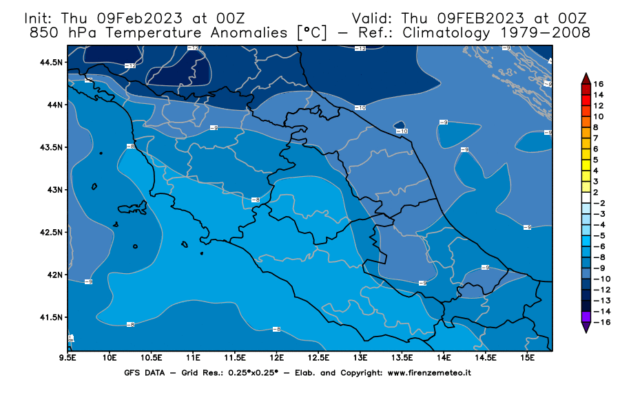 Mappa di analisi GFS - Anomalia Temperatura [°C] a 850 hPa in Centro-Italia
							del 09/02/2023 00 <!--googleoff: index-->UTC<!--googleon: index-->