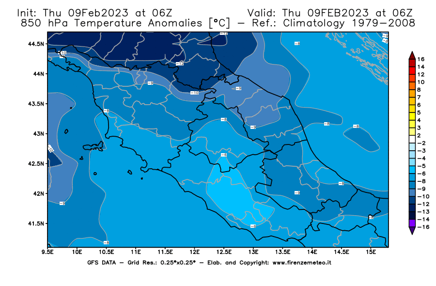 Mappa di analisi GFS - Anomalia Temperatura [°C] a 850 hPa in Centro-Italia
							del 09/02/2023 06 <!--googleoff: index-->UTC<!--googleon: index-->