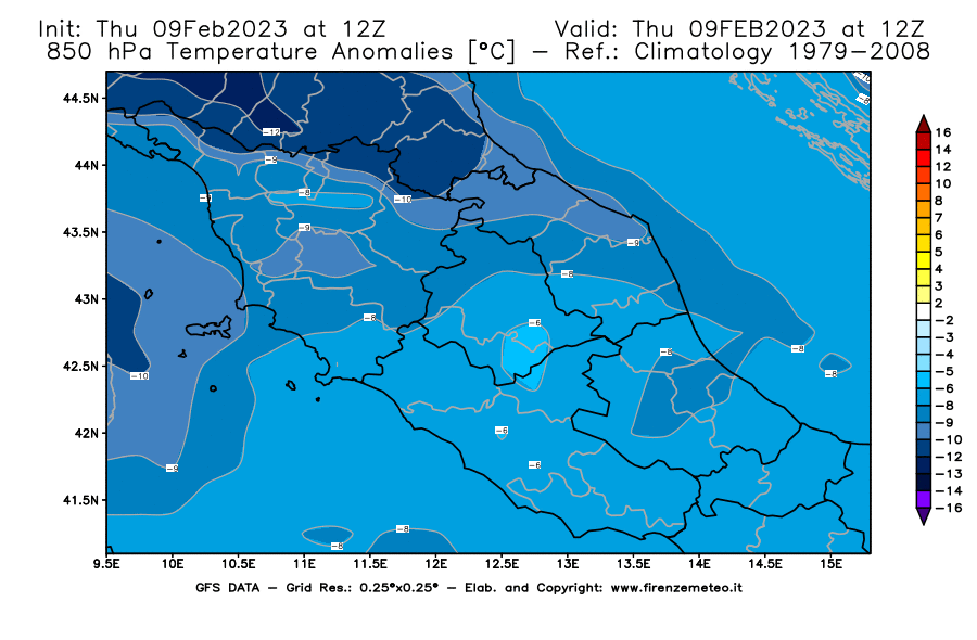 Mappa di analisi GFS - Anomalia Temperatura [°C] a 850 hPa in Centro-Italia
							del 09/02/2023 12 <!--googleoff: index-->UTC<!--googleon: index-->