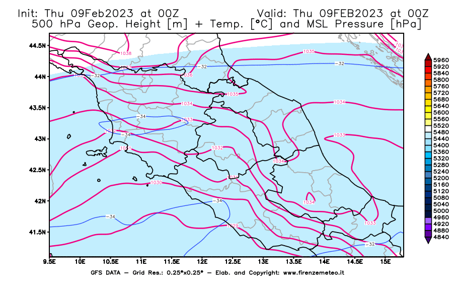 Mappa di analisi GFS - Geopotenziale [m] + Temp. [°C] a 500 hPa + Press. a livello del mare [hPa] in Centro-Italia
							del 09/02/2023 00 <!--googleoff: index-->UTC<!--googleon: index-->