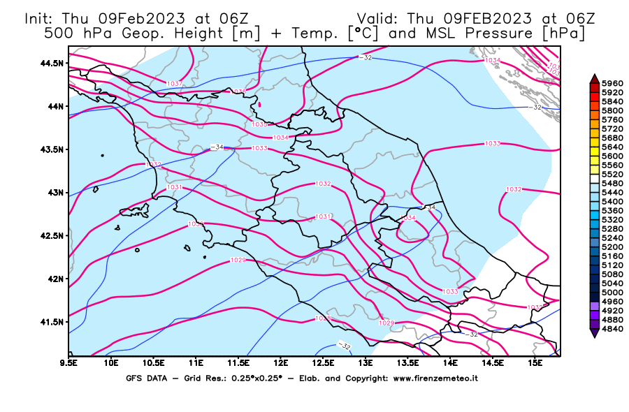 Mappa di analisi GFS - Geopotenziale [m] + Temp. [°C] a 500 hPa + Press. a livello del mare [hPa] in Centro-Italia
							del 09/02/2023 06 <!--googleoff: index-->UTC<!--googleon: index-->