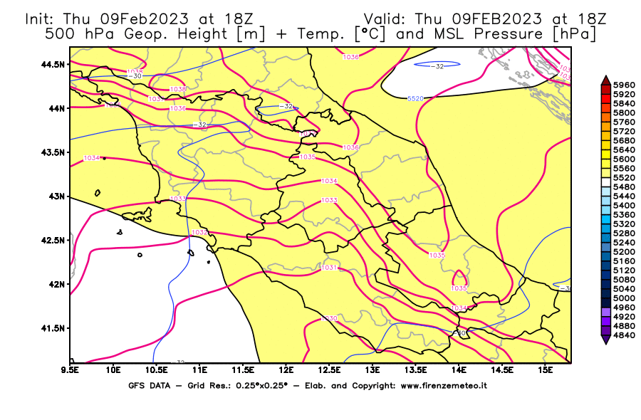 Mappa di analisi GFS - Geopotenziale [m] + Temp. [°C] a 500 hPa + Press. a livello del mare [hPa] in Centro-Italia
							del 09/02/2023 18 <!--googleoff: index-->UTC<!--googleon: index-->