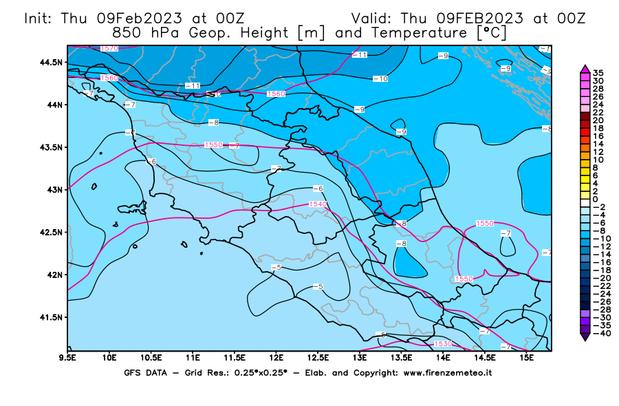 Mappa di analisi GFS - Geopotenziale [m] e Temperatura [°C] a 850 hPa in Centro-Italia
							del 09/02/2023 00 <!--googleoff: index-->UTC<!--googleon: index-->