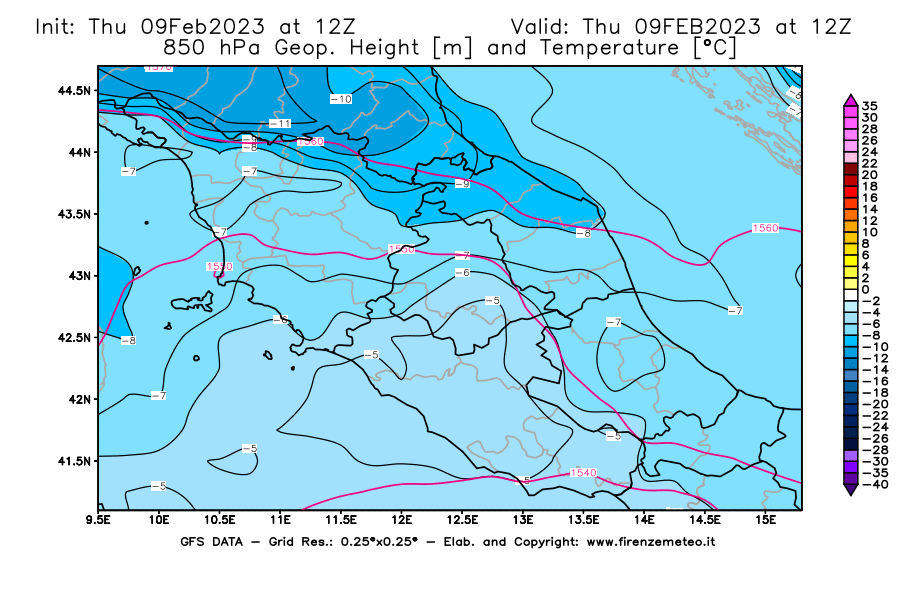 Mappa di analisi GFS - Geopotenziale [m] e Temperatura [°C] a 850 hPa in Centro-Italia
							del 09/02/2023 12 <!--googleoff: index-->UTC<!--googleon: index-->