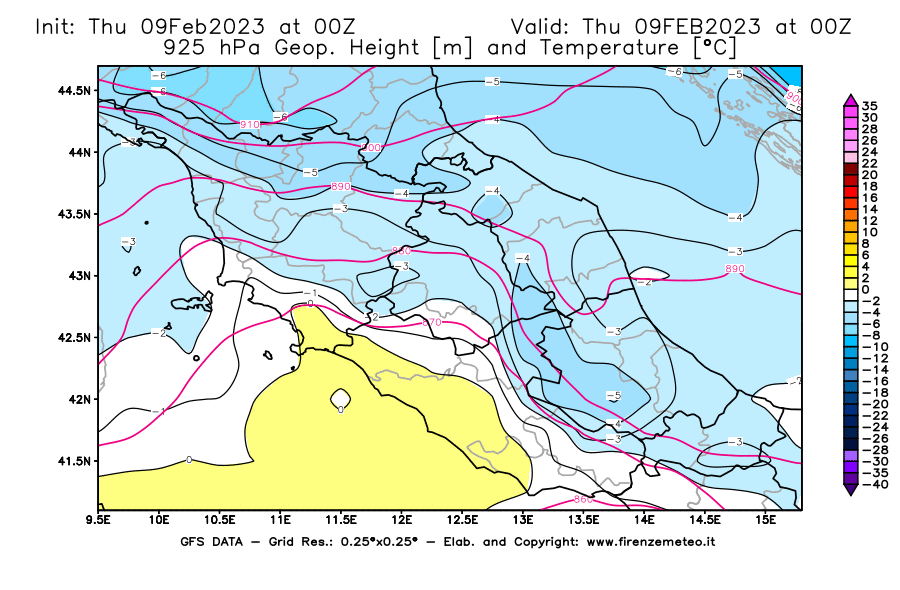 Mappa di analisi GFS - Geopotenziale [m] e Temperatura [°C] a 925 hPa in Centro-Italia
							del 09/02/2023 00 <!--googleoff: index-->UTC<!--googleon: index-->