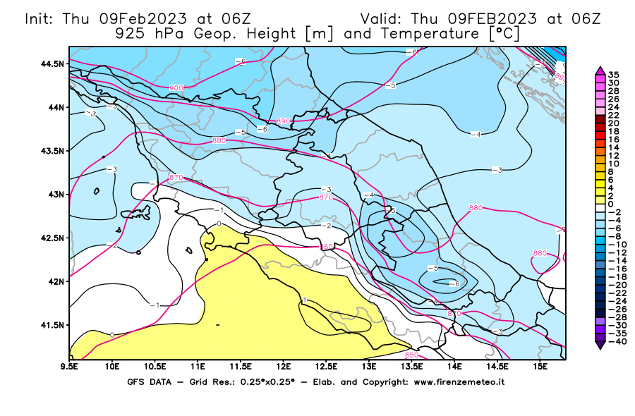 Mappa di analisi GFS - Geopotenziale [m] e Temperatura [°C] a 925 hPa in Centro-Italia
							del 09/02/2023 06 <!--googleoff: index-->UTC<!--googleon: index-->