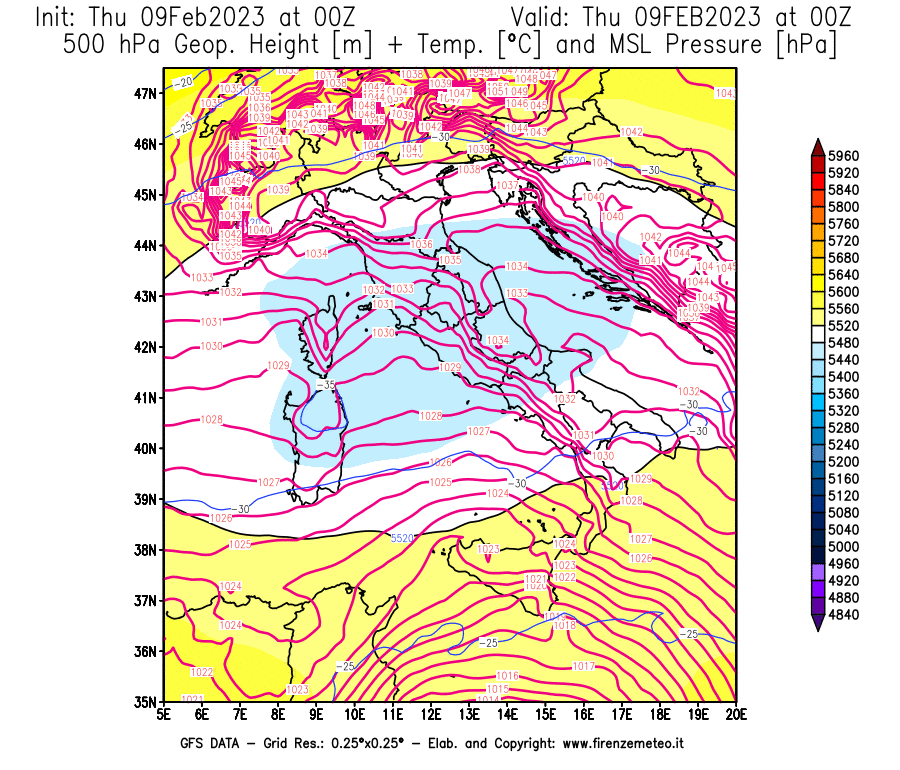 Mappa di analisi GFS - Geopotenziale [m] + Temp. [°C] a 500 hPa + Press. a livello del mare [hPa] in Italia
							del 09/02/2023 00 <!--googleoff: index-->UTC<!--googleon: index-->