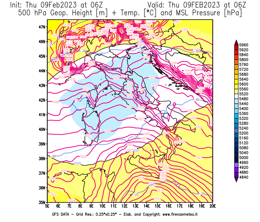 Mappa di analisi GFS - Geopotenziale [m] + Temp. [°C] a 500 hPa + Press. a livello del mare [hPa] in Italia
							del 09/02/2023 06 <!--googleoff: index-->UTC<!--googleon: index-->