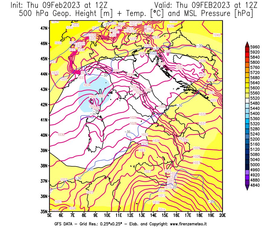 Mappa di analisi GFS - Geopotenziale [m] + Temp. [°C] a 500 hPa + Press. a livello del mare [hPa] in Italia
							del 09/02/2023 12 <!--googleoff: index-->UTC<!--googleon: index-->