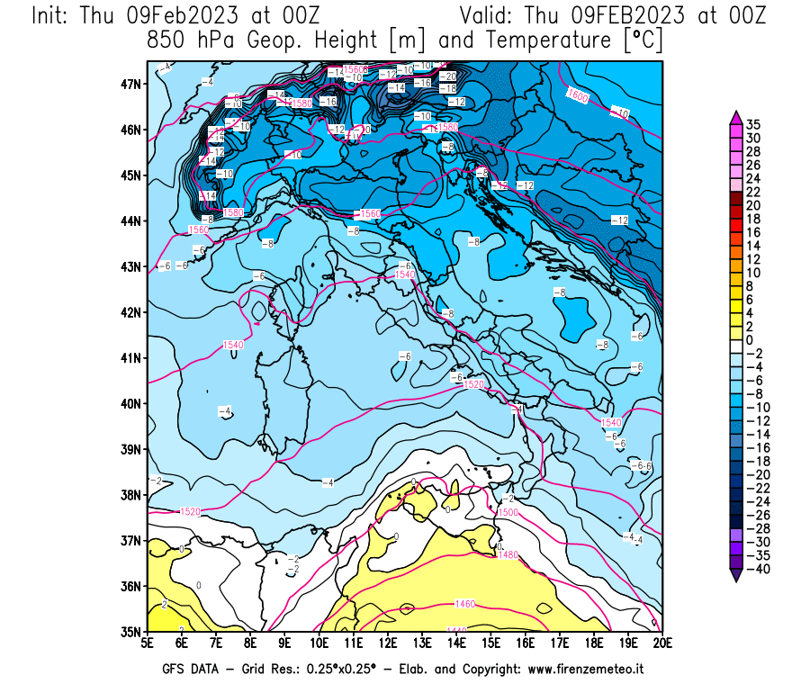 Mappa di analisi GFS - Geopotenziale [m] e Temperatura [°C] a 850 hPa in Italia
							del 09/02/2023 00 <!--googleoff: index-->UTC<!--googleon: index-->