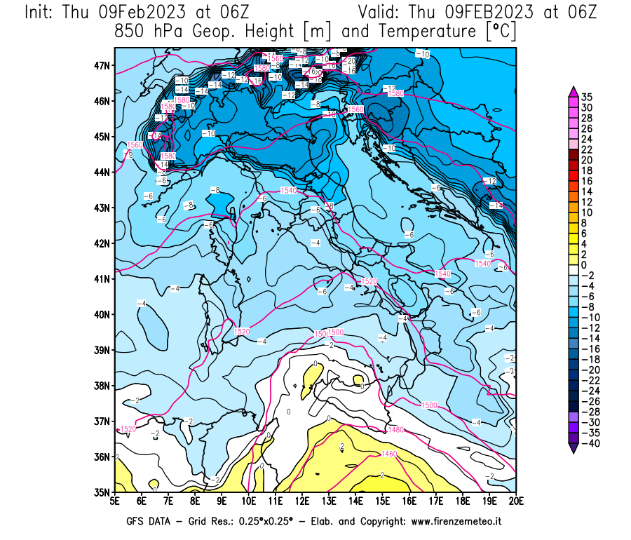 Mappa di analisi GFS - Geopotenziale [m] e Temperatura [°C] a 850 hPa in Italia
							del 09/02/2023 06 <!--googleoff: index-->UTC<!--googleon: index-->
