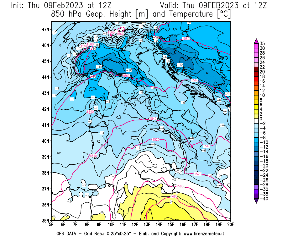 Mappa di analisi GFS - Geopotenziale [m] e Temperatura [°C] a 850 hPa in Italia
							del 09/02/2023 12 <!--googleoff: index-->UTC<!--googleon: index-->