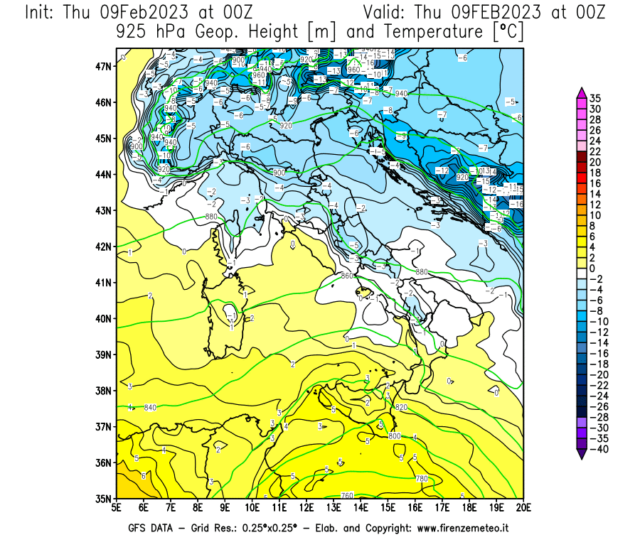 Mappa di analisi GFS - Geopotenziale [m] e Temperatura [°C] a 925 hPa in Italia
							del 09/02/2023 00 <!--googleoff: index-->UTC<!--googleon: index-->